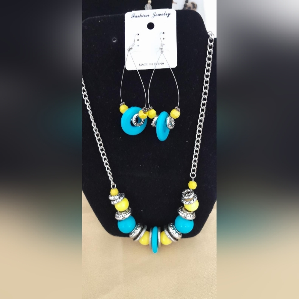 Silver blue and yellow necklace and earrings set